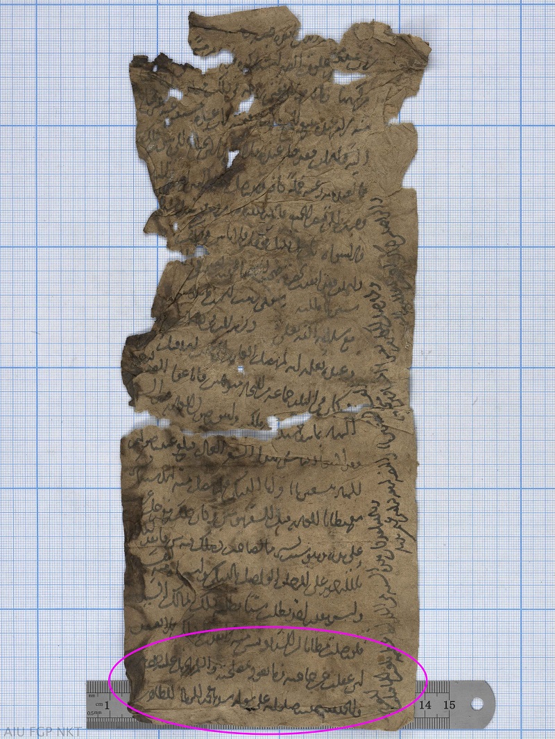 The photograph is of a document, which contains Arabic script and is quite damaged, lying on top of white paper with blue gridlines. There is a ruler a the bottom to show the width of the original document and the author has put a pink ring around some text they want to highlight.
