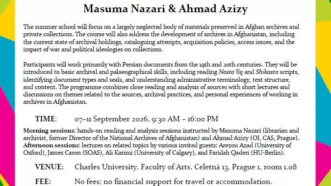 Poster advertising the Reading and Analysing Persian Archival Sources from Afghanistan Summer School