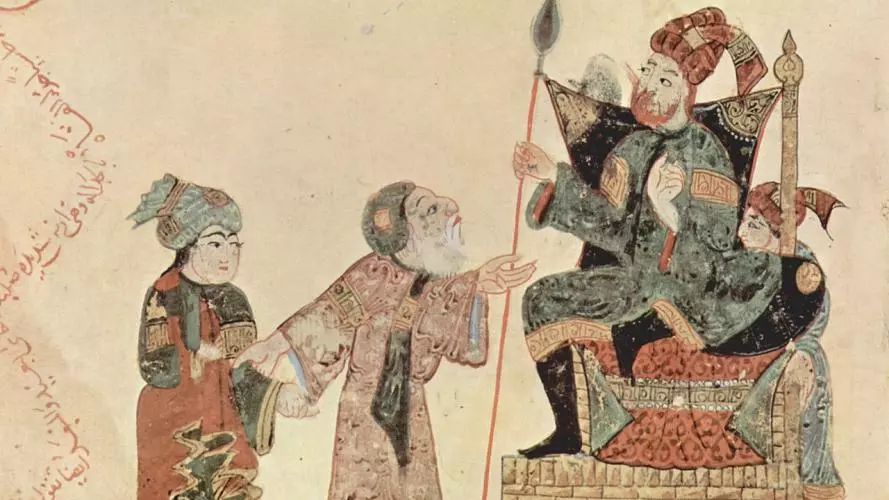 scene in the al hariri maqamat illustrated by al wasiti that appears to show an interaction with abu zayd al harith and an authority figure 1280px