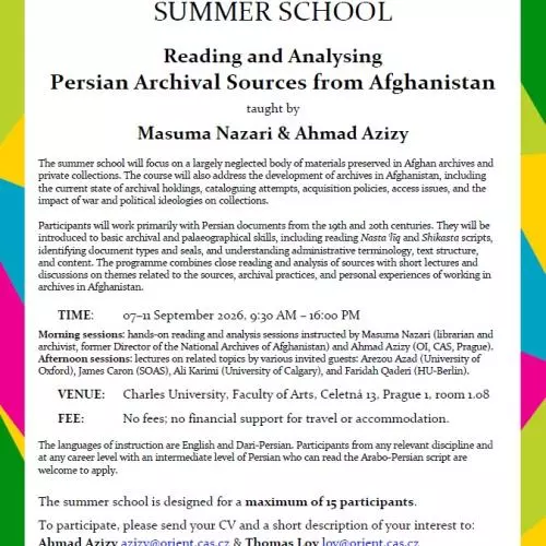Poster advertising the Reading and Analysing Persian Archival Sources from Afghanistan Summer School
