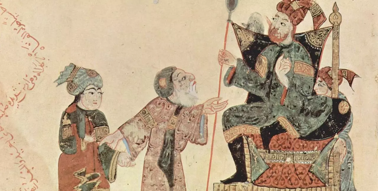 scene in the al hariri maqamat illustrated by al wasiti that appears to show an interaction with abu zayd al harith and an authority figure 1280px